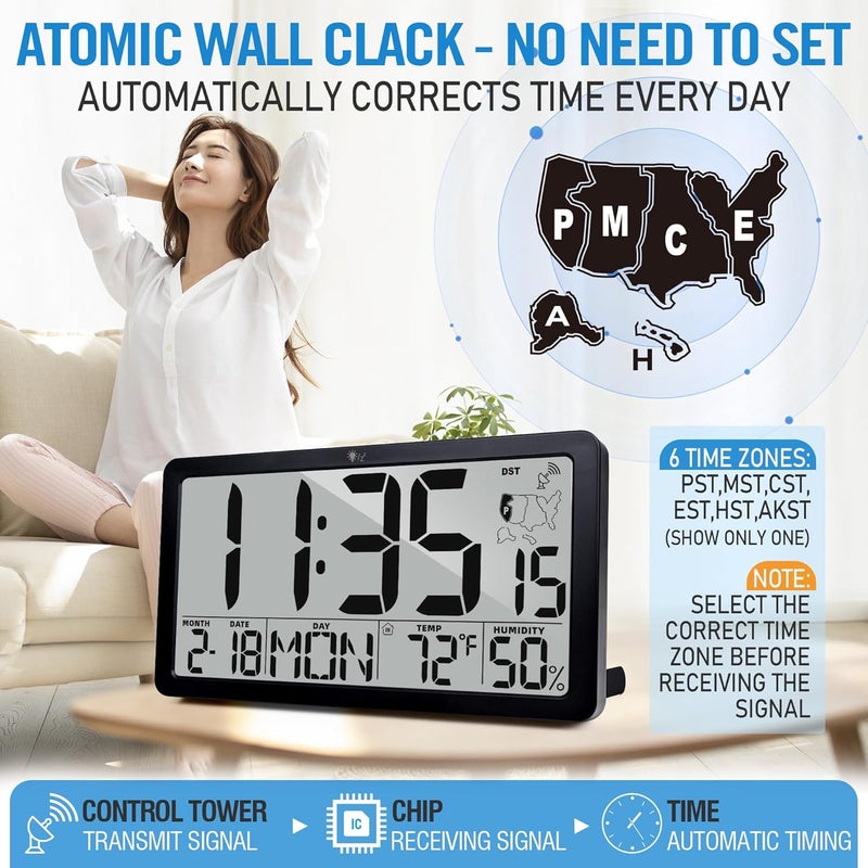 RUIDDY Digital Atomic Clock with Temperature with Blacklight with and Humidity Display, Large LCD Screen, Indoor Weather Monitor, DST Function, Black - Image 3